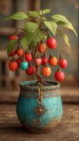 Decorative plant with colorful fruits in a rustic pot displayed indoors during daylight photo