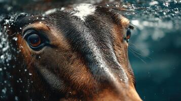 Cow emerging from water, showcasing a close-up view of its expressive eyes and wet fur during a sunny afternoon photo