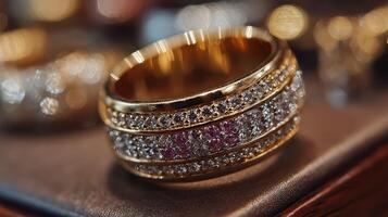 Elegant gold ring with sparkling diamonds and rubies displayed in a jewelry store during daylight hours photo