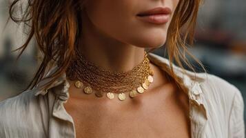 Elegant layered gold necklace worn by a woman in a serene outdoor setting during golden hour photo