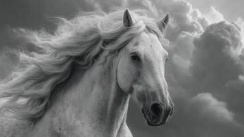Majestic white horse with flowing mane against a dramatic cloudy sky during twilight hours photo