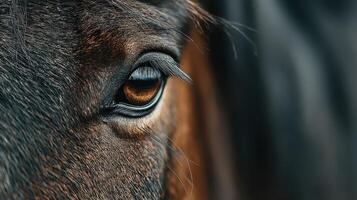 Close-up view of a brown horse eye reflecting depth and emotion on a serene afternoon photo