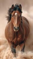 Strong brown horse galloping through dusty terrain under a bright sky at sunset photo