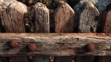 Weathered wooden fence with rusty nails in natural outdoor setting during daylight photo