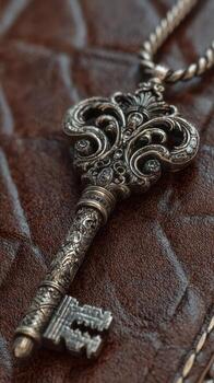 Intricate silver key with ornate design resting on rich leather surface photo