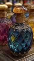 Colorful decorative perfume bottles displayed in a vibrant market setting during a sunny afternoon photo