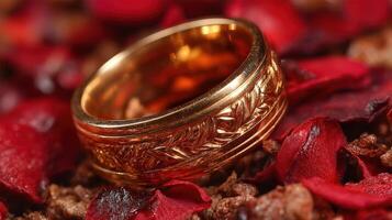 Golden wedding ring elegantly placed among rose petals on a rustic surface photo