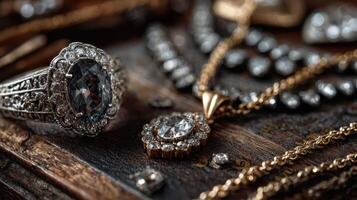 Stunning vintage jewelry collection with intricate designs and sparkling stones displayed on wooden surface photo