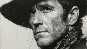 Portrait of a rugged man wearing a wide-brimmed hat with a serious expression against a textured background photo
