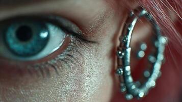 Close-up of a striking blue eye adorned with a silver earring, revealing intricate details and captivating beauty photo