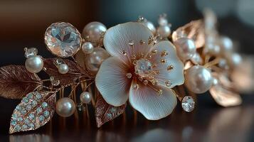 Beautiful floral hair accessory adorned with gemstones and pearls, showcasing elegance and intricate craftsmanship photo
