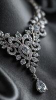 Elegant diamond necklace on luxurious black fabric showcases intricate design and craftsmanship at a jewelry exhibition photo