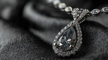 Exquisite diamond pendant necklace displayed on elegant black fabric with intricate details and sparkling stones photo