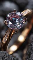 Sparkling diamond ring with unique cut against a textured black background highlighting craftsmanship and elegance photo