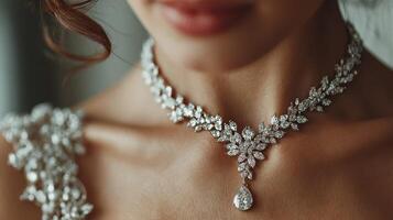 Elegant woman showcasing a stunning diamond necklace at a formal event in contemporary setting photo