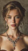 Stunning model showcases elegant jewelry in a softly lit studio during a fashion shoot photo