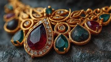 Intricate gold necklace adorned with colorful gemstones displayed on a dark textured surface photo