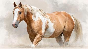 Beautiful palomino horse walking gracefully in a serene landscape during golden hour photo