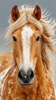 Beautiful chestnut horse with flowing mane against a cloudy background in a peaceful outdoor setting photo