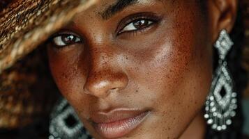 Close-up of a woman wearing a straw hat and unique earrings against a warm background highlighting her natural beauty photo
