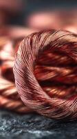 Copper wire coil on a dark surface with blurred background in focused detail photo