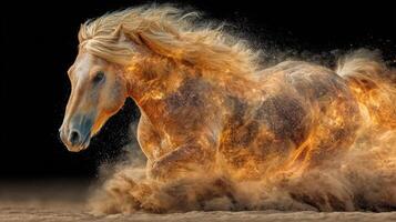 Dynamic horse galloping through sand, creating a dazzling display of fiery dust in an intense action moment photo