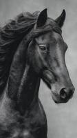 Majestic black horse with flowing mane captured in a close-up during a calm afternoon photo