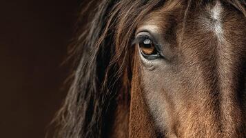 Close-up view of a brown horse's eye highlighting its expression and fur texture in a warm-toned setting photo