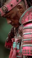 Warrior in ornate samurai armor gazes thoughtfully during a cultural festival in a serene forest setting photo