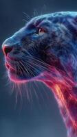 Majestic black panther gazing into the distance against a vibrant background at twilight photo