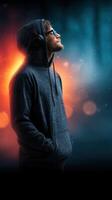Young man enjoys music while lost in thought, illuminated by colorful lights in a nighttime urban setting photo