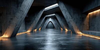 Modern architectural interior space with striking concrete structure and dramatic lighting effects photo