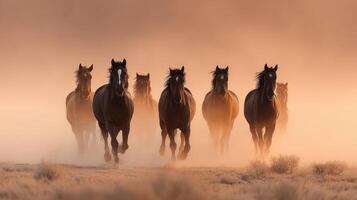 Horses gallop through a dusty landscape during golden hour, creating a stunning display of natural beauty and wild spirit photo