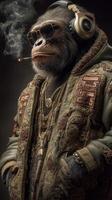 Stylish primate wearing headphones and sunglasses smokes while dressed in a vintage coat adorned with jewelry photo
