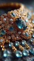Intricate golden necklace with blue gemstones and pearls showcased on a textured surface photo
