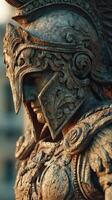 Intricate statue of a warrior captured in warm light with detailed armor and helmet at sunset in an urban setting photo