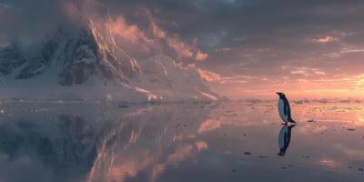 Penguin stands alone on reflective ice as the sun sets behind majestic mountains in a serene Antarctic landscape photo
