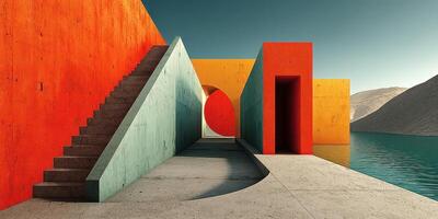 Vibrant architectural landscape with colorful structures beside still water in a serene setting at dawn photo