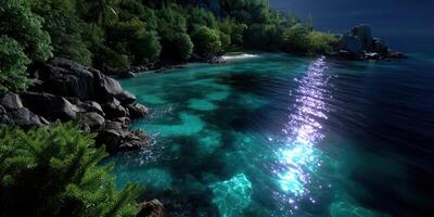 Serene night landscape featuring a tranquil coastal bay illuminated by moonlight reflecting on calm waters photo