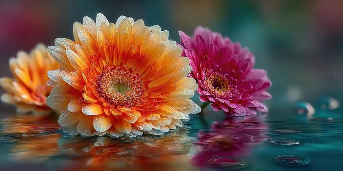 Colorful flowers with water droplets are reflected in a serene pond during a calm afternoon photo