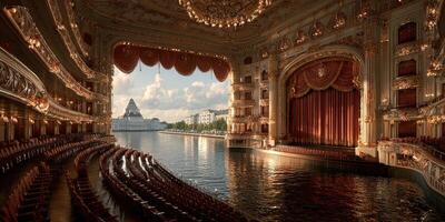 Elegant theater interior with water view at sunset in a historical city setting photo