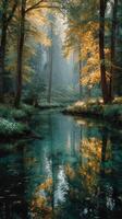 Serene forest landscape with tranquil water reflecting autumn foliage at dawn photo