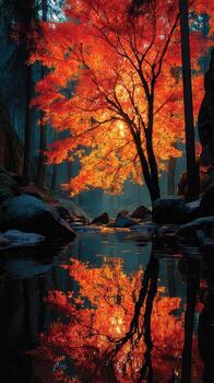 Vibrant autumn tree reflecting in tranquil water at sunset in a serene forest setting photo