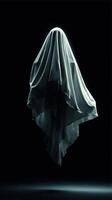 Ethereal figure shrouded in translucent fabric suspended against a dark background photo