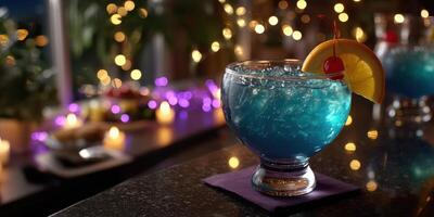Colorful blue cocktail with cherry and orange slice served at a festive bar during a lively evening photo