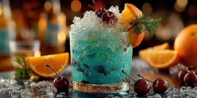 Vibrant cocktail served in a glass with ice and garnishes in a lively bar setting at night photo