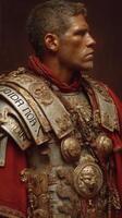 Roman soldier stands proud in detailed armor with a rich red cape during ancient times photo