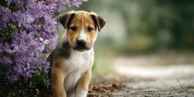 Cute puppy sitting beside vibrant purple flowers in a serene outdoor setting during springtime photo