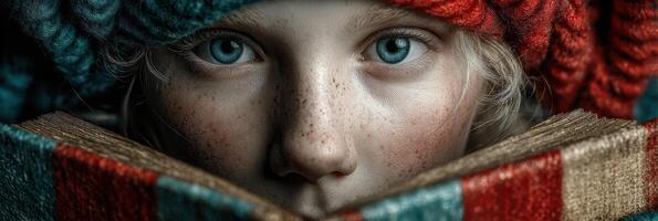 Child with striking blue eyes reading a colorful book while wearing a warm knitted hat in a cozy setting photo