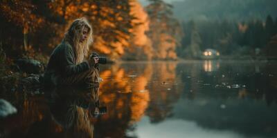Photographer capturing autumn reflections at a serene lakeside during golden hour photo